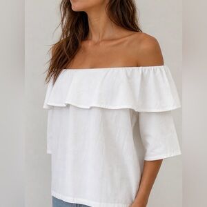 SET Women’s Crisp White Off-the-Shoulder Cotton Shirt – Boho Style, Size 4 (S–M)
